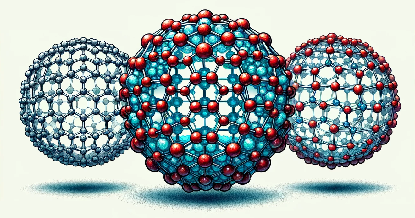 Scientific illustration showcasing the molecular evolution from fullerene to fullerenol, and finally to the water-encased 3HFWC, depicted in a detailed horizontal layout. 
